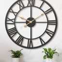 24 Inch Large Oversized Farmhouse Modern Decorative Wall Clock for Living Room,Silent Industrial Big Roman Numerals Vintage Metal Round Wall Clocks for Kitchen,Dinng Room,Office (Black Roman)