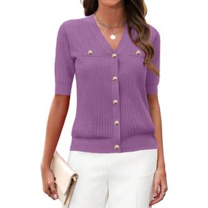 Zeagoo Women's 2025 Summer Short Sleeve Cardigan V Neck Button Down Ribbed Knit Casual Cropped Sweater Tops (Medium, Purple)