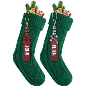 2PACK 18Inch Cable Knitted Personalized Christmas Stockings, Personalized Hanging Stockings for Holiday Party, Christmas Tree, and Family Home Decor in Green