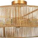 24" Natural Rattan Ceiling Light, Semi Flush Mount Gold Ceiling Light Fixture, 5-Light Boho Chandelier Antique Brass Brush Paint Farmhouse Lamp Fixture for Bedroom Living Room Kitchen Island