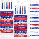4th of July Themed Wristbands & Keychains 50Pcs - Patriotic Silicone Bracelets and Key Ring Set, Red White Blue Accessories for Independence Day, Memorial Day, Labor Day Party Favors