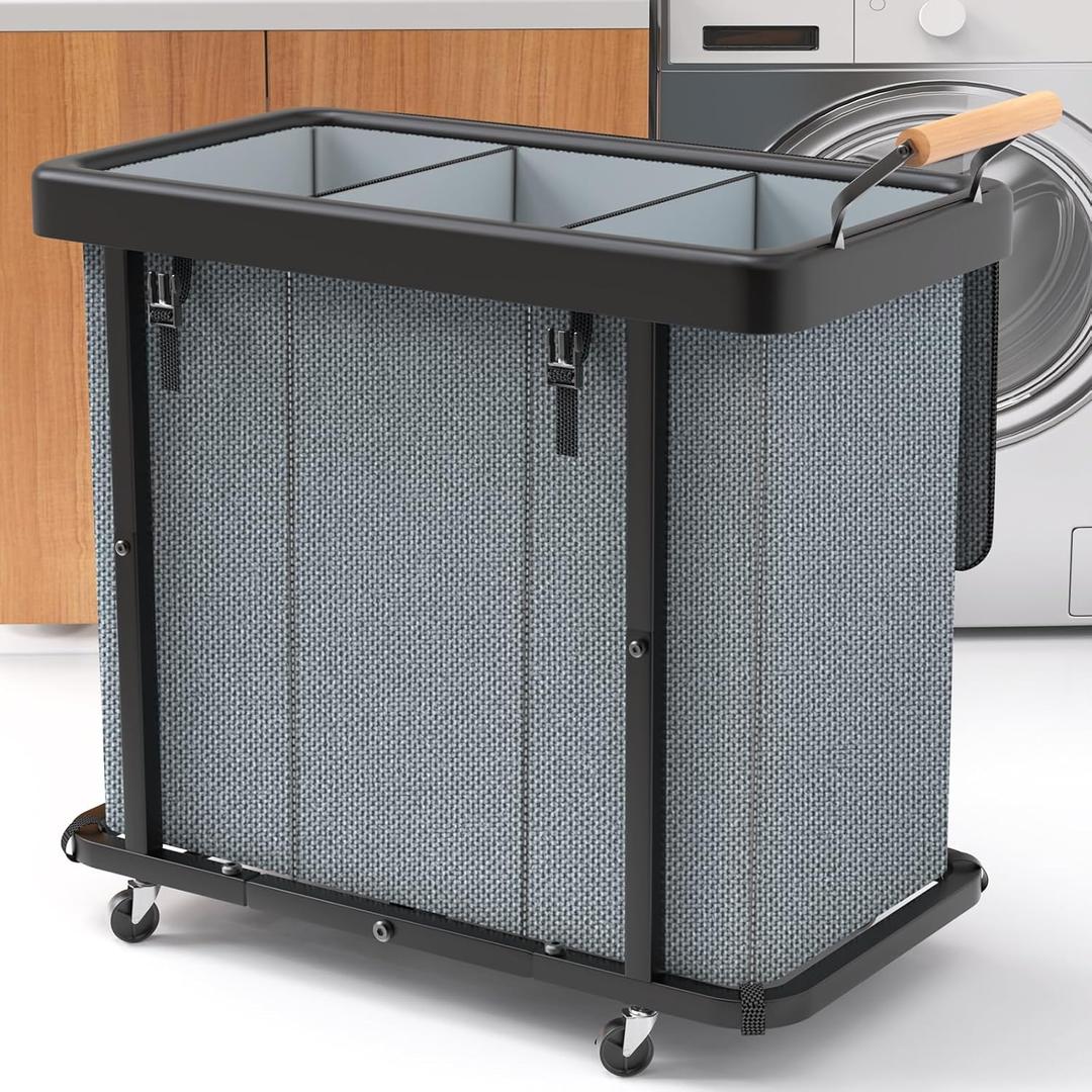 230L (60 Gal) Extra Large Fashion Laundry Sorter 3 Section with Lid, Rolling Laundry Basket Hamper with Handle, Laundry Organizer Storage Cart with Sturdy Metal Frame for Laundry Room, Hotel, Grey (Gray-3 Setion)