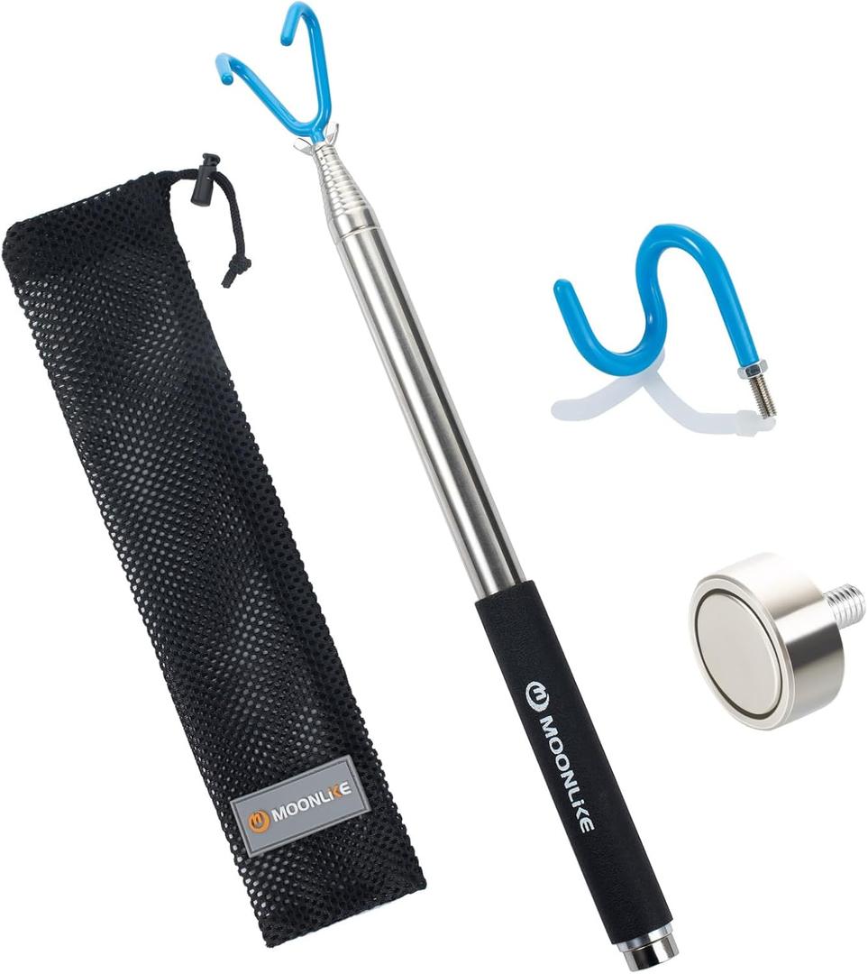 Telescoping Pickup Grabber Tool Magnetic Pole with 2 Hook and a Magnet, 10 ft Telescopic Hook Pole Wire Reacher Tool Push Pull Rod, Disc Golf Retriever Pole, Disc Golf Accessories
