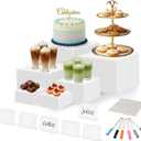 2-in-1 Reversible 6Pcs Buffet Risers With Mini Sign, Marker & Cleaning Cloth, Reusable Acrylic Food Display Stands for Buffet Table Party Catering, White Food Risers for Dessert Cake Treat