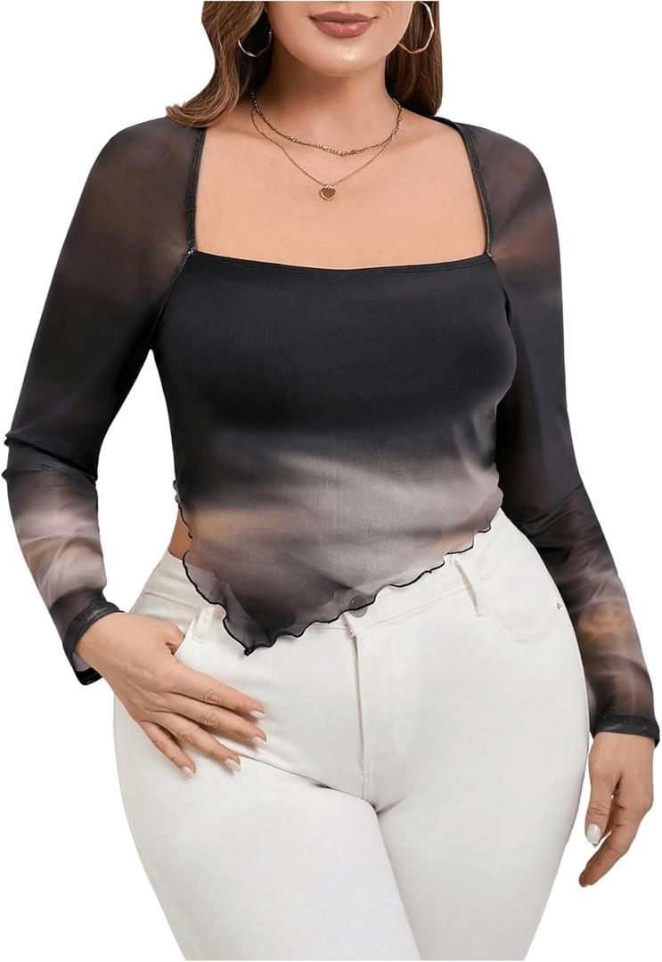 MakeMeChic Women's Plus Size Tie Dye Square Neck Lettuce Trim Asymmetrical Long Sleeve Tee Shirt Tops (Black, XXXL)