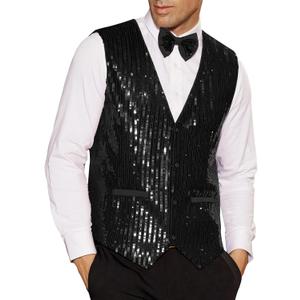 GRACE KARIN Mens Sequin Vest Slim Fit Shiny Dress Waistcoat Bowtie Set for Wedding Prom Party (Medium, Black)