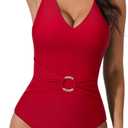 SUUKSESS Women Retro One Piece Swimsuit Metal Tummy Control V Neck Bathing Suit (Medium, 167 Red)