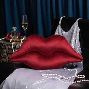 Ashler Upgraded Glossy Velvet Lip Shape Throw Pillow, Delicately Soft, Glossy Shimmering and Brilliant with Velvet Backing for Sofa, Bed and Living Room, Red, 24 X 12 Inches