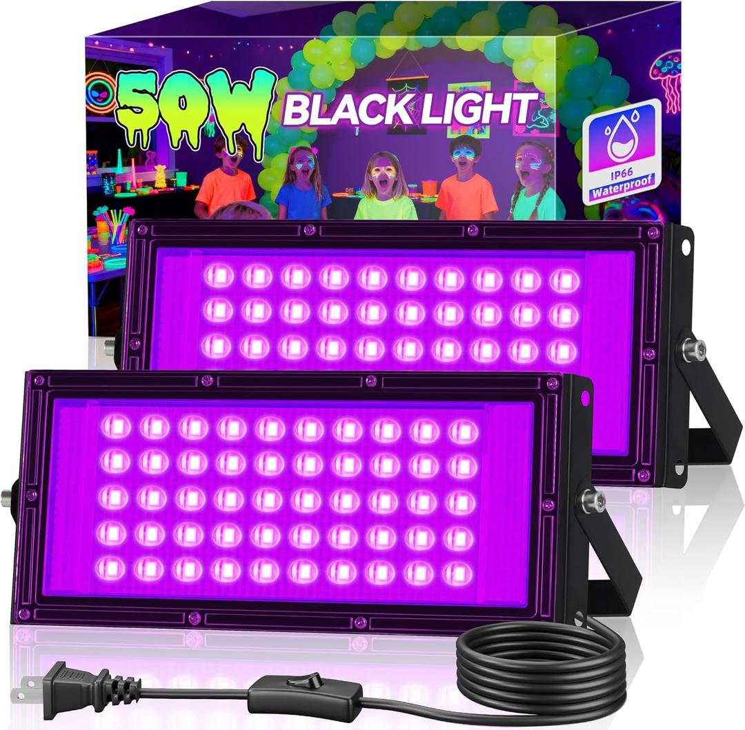 2 Pack 50W LED Black Light, Blacklight Flood Light for Glow Party IP66 Waterproof, Outdoor Black Lights with Switch&Plug for Halloween, Glow in The Dark, Neon Party, Poster, Birthday