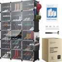 Shoe Organizer Cabinet Up to 72 Pairs, Shoe Closet-Covered Shoe Rack with See-Through Door (Clear, Plastic, Stackable) Cubby Portable Shoe Organizer with Covers, Hooks & Pockets, Black