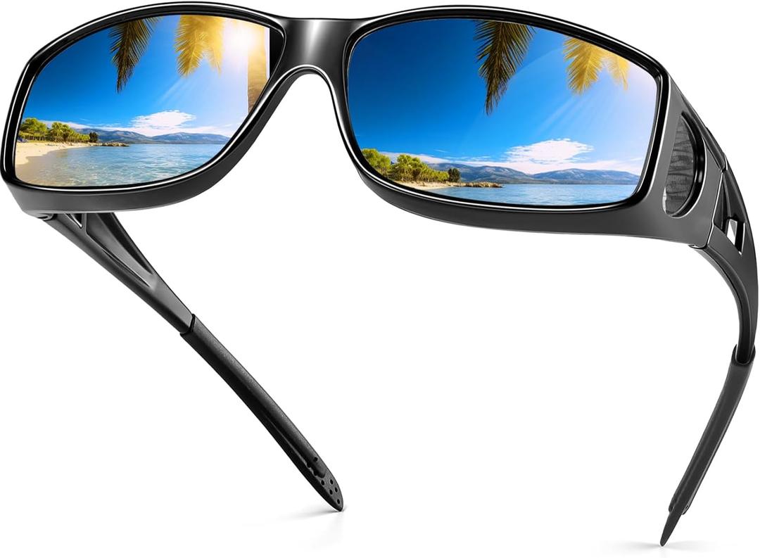 Night Driving Glasses Night Vision Glasses Fit Over Glasses Polarized Anti-Glare UV400 Gift for Men Women (Blue Mirrored Lens / Glossy Black Frame)