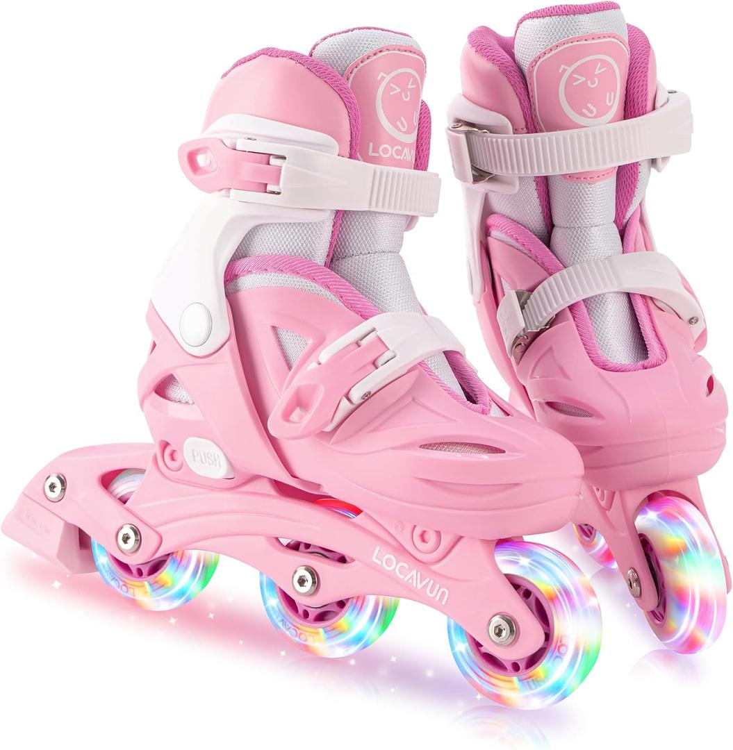 Inline Skates for Girls and Kids, Roller Skates Blades with 4 Size Adjustable Light up Wheels for Kids Girls Beginner Ages 4-8 5-8 6-12 8-12 Indoor Outdoor(Pink, Small - (US 9C-12C))