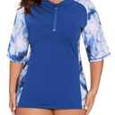 LURANEE Women Plus Sun Swim Shirt Swimwear Loose Fit Short Sleeve UPF 50+ Sun Protection Zip Rash Guard Blue Tie Dye 3XL