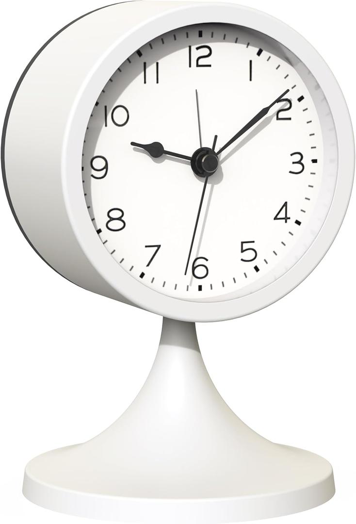 AYRELY 3" Cute Analog Alarm Clock,Small Retro Table Clock Battery Operated,Slient Metal Desk Clock with Light for Living Room Decor,Bedroom,Bedside,Shelf (White)