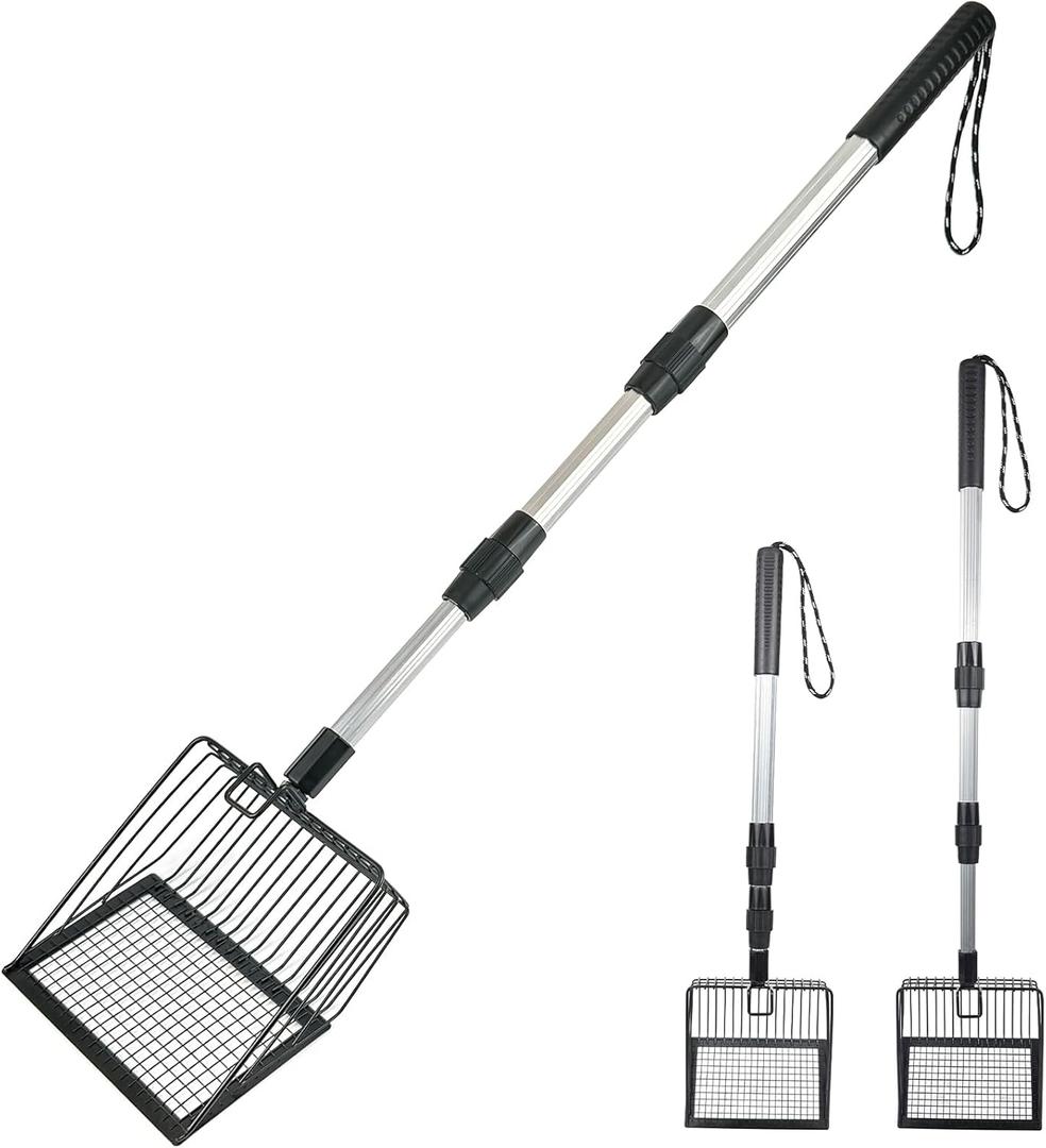 Cat Litter Scoop with Extendable Long Handle, 22.2"-42.5" No Bending Back Metal Kitty Litter Scoop, Large Non-Stick Wide Flat Head Heavy Duty Cat Pooper Scooper