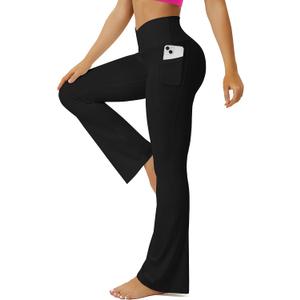 FOHOFO Yoga Pants Women, Flare Leggings for Women with Pockets Crossover High Waisted Bootcut Yoga Pants, Black, Medium 