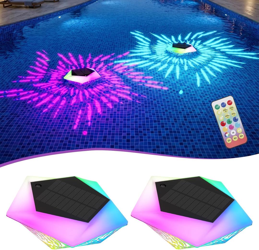 2 x Solar Floating Pool Lights with Remote 2 Pack 7.8inch Upper and Lower Color Changing Floating Lights for Pond, IP68 Waterproof Pool Lights for Party,Wedding,Yard,Garden, 7.871.97in