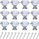 YourGift 12 Pack Drawer Knobs Diamond Shaped Crystal Glass 30mm Cabinet Knobs Pull Handles (Silver)