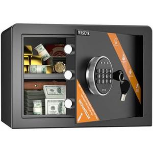 WASJOYE Home Cabinet Safe Box - Fireproof Safe with Digital Keypad Safety Key Lock, 1.2 Cu Ft Safes Box for Home Business Office Hotel Money Document Jewellery Medicine Passport Watch Storage.   No keys, locked.