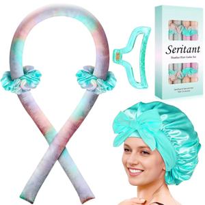 Heatless Hair Curler for Overnight Curls | No Heat Curling Rod Set with Satin Bonnet | Sleep-In Safe Blowout Rods for Frizz-Free Waves Green Tie Dye