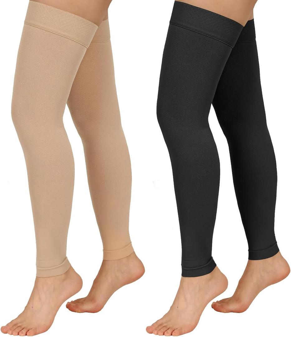 2 Pairs Compression Stockings for Women & Men, 20-30mmHg Thigh High Compression Socks, Footless Medical Socks with Silicone Dot Band--Best Support for Sports Varicose Veins (Black&Beige,L)