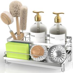 Cisily Stainless Steel Sponge Holder for Kitchen, Sink Caddy Sink Organizer Rack for Kitchen Accessories with Drip Tray, Rustproof and Non-slip, Dish Soap Dispenser Countertop Organizer (Silver)