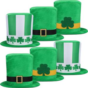 Jerify 6 Pcs St. Patrick's Day Top Hat Leprechaun Topper Hat Bulk Shamrock Green Lucky Irish Cap for Adults Women Men