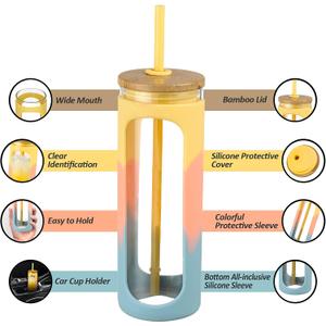 Kodrine 20oz Glass Tumbler with Straw and Lid, Iced Coffee Cups with Bamboo Lids, Glass Cups for Cold Drinks, Smoothie Cup with Silicone Sleeve for Travel, Work