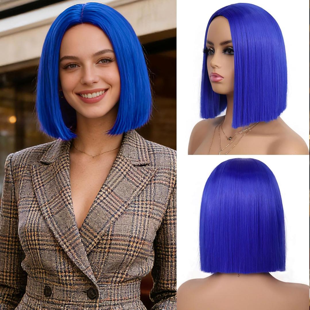 Dark Blue Bob Wigs for Women Girls Costume Heat Resistant Synthetic Hair Women's Costume Wigs Cute Middle Part Fashion Colored Bob Wigs for Fun Cosplay Halloween Party(12inch)