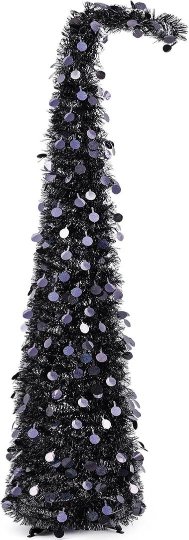 Leyndo 5 ft Black Curved Top Halloween Tree Artificial Crooked Neck Hinged Spruce Tree Lightweight Collapsible for Indoor Outdoor, Christmas Halloween Holiday Party Decoration
