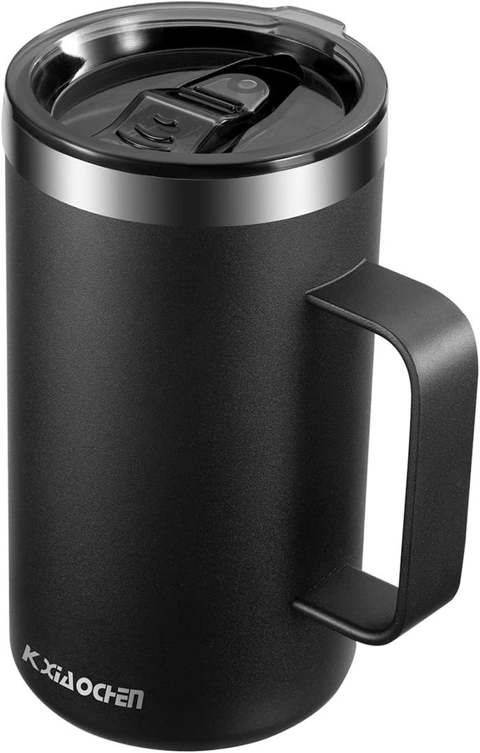KXIAOCHEN 20oz Insulated Coffee Mug with Lid, Stainless Steel Coffee Cup, Double Wall Vacuum Coffee Tumbler with Handle, Premium Thermal Travel Coffee Mug (Black) (1 Count (Pack of 1))