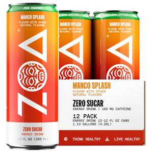 ZOA Zero Sugar Energy Drinks, Mango Splash - Sugar Free with Electrolytes, Healthy Vitamin C, Amino Acids, Essential B-Vitamins, and Caffeine from Green Tea - 12 Fl Oz (12-Pack) (EXP 10/12/26)