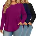Ficerd 3 Pack Womens Plus Size Long Sleeve Tops Crew Neck Loose Fit T Shirt Stretchy Casual Winter Tops Basic Tees Shirts (Black, Navy Blue, Fuchsia, Size 3XL)