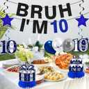 Kuxriox 11Pcs 10th Birthday Decorations for Boys Men, Blue Sliver Happy 10th Birthday Banner, Bruh I'm 10 Balloons Centerpieces Swirls Party Supplies, 10 Years Bday Banner Ceiling Table Topper Sign