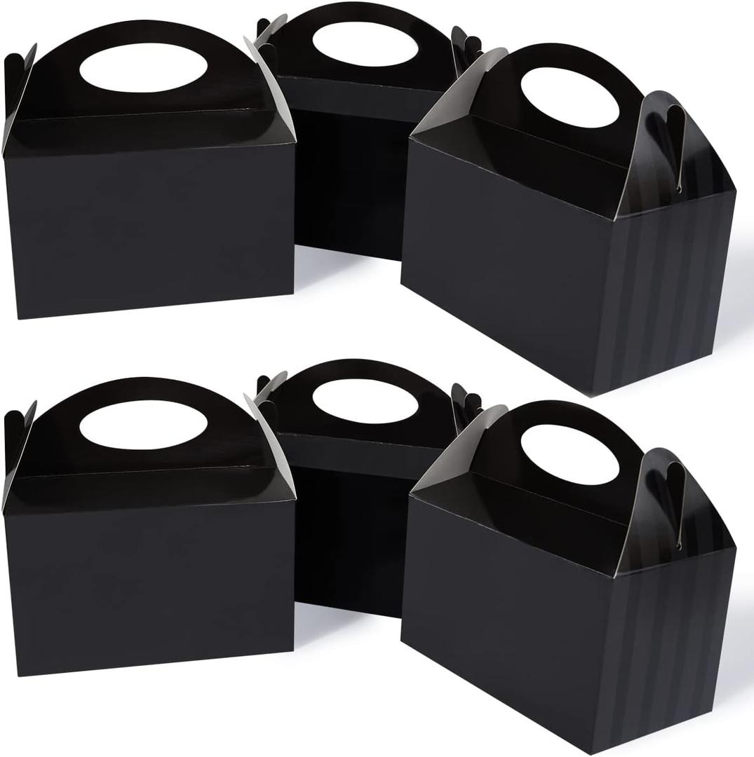 Happyhiram Black 50 CT 6 Inch Candy Boxes Party Favors Stripes Paper Cookie Gift Bags with Handles Gable Boxes Goodie Snack Bags for Graduation Birthday Party (Pop-up Black)