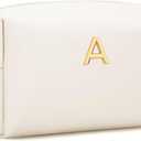 CLOUDWINGS Valentines Day Gifts for Her Bridesmaid Gifts Personalized Initial Makeup Bag for Women PU Leather Cosmetic Waterproof Travel Toiletry Bag (A) (Beige)