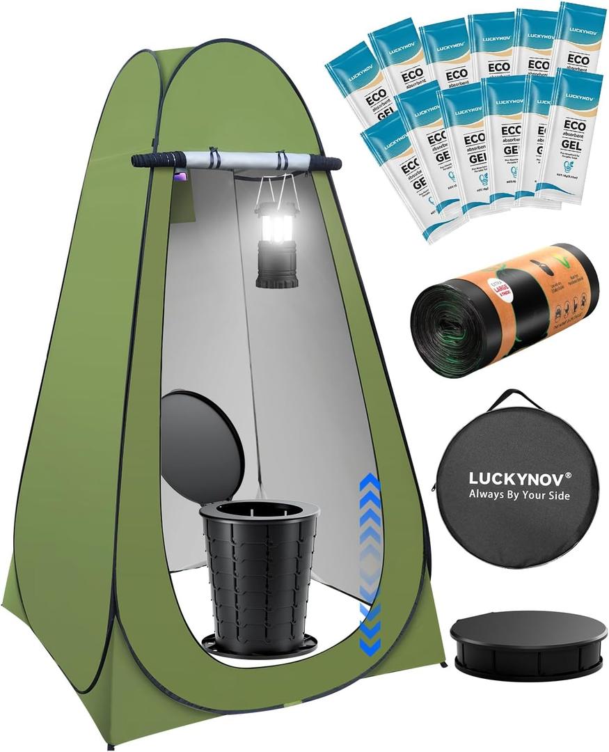 Adjustable Portable Toilet with Privacy Tent for Camping, Car Travel, Hiking, Includes 12 Waste Bags & 12 Urine Solidifiers, Camping Lantern, Large
