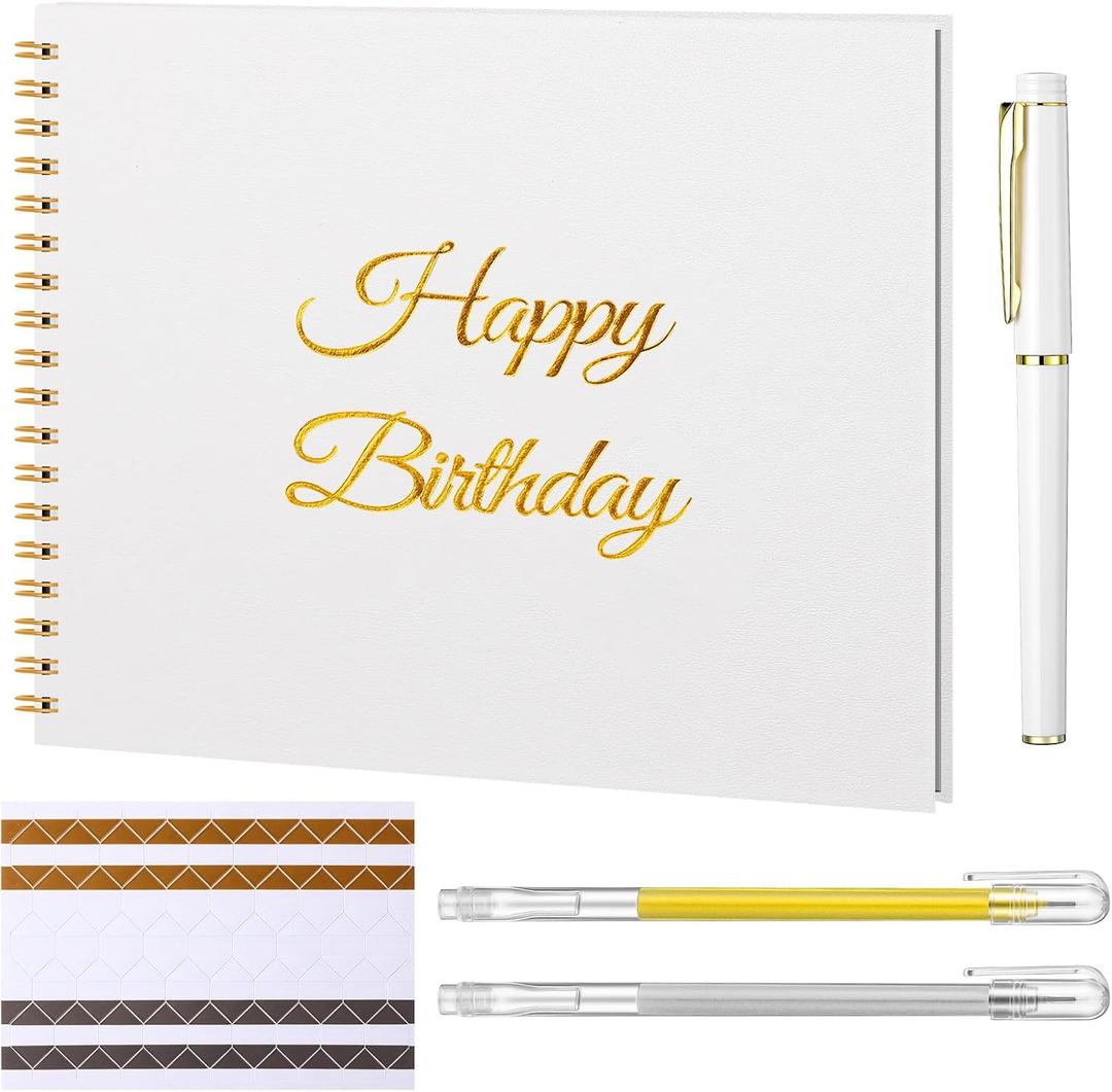 Mooliwe Birthday Guestbook with Pens Stickers Hardbound Book 8.3 x 6.5 Inch Hardcover Hardbound Signature Guest Book for Photobooth Photo Strips Scrapbook Party Supplies (White, Birthday)