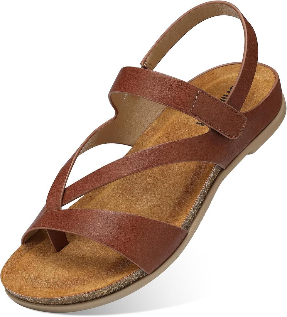 SHIBEVER Flat Sandals Women Dressy: Thong Straps Arch Support Summer Shoes | Comfortable Casual Dress, Adjustable Hook and Loop, Ankle Strap, Cute Trending Comfy, Open Toe Cork, Walking Flip Flop Sandal 36