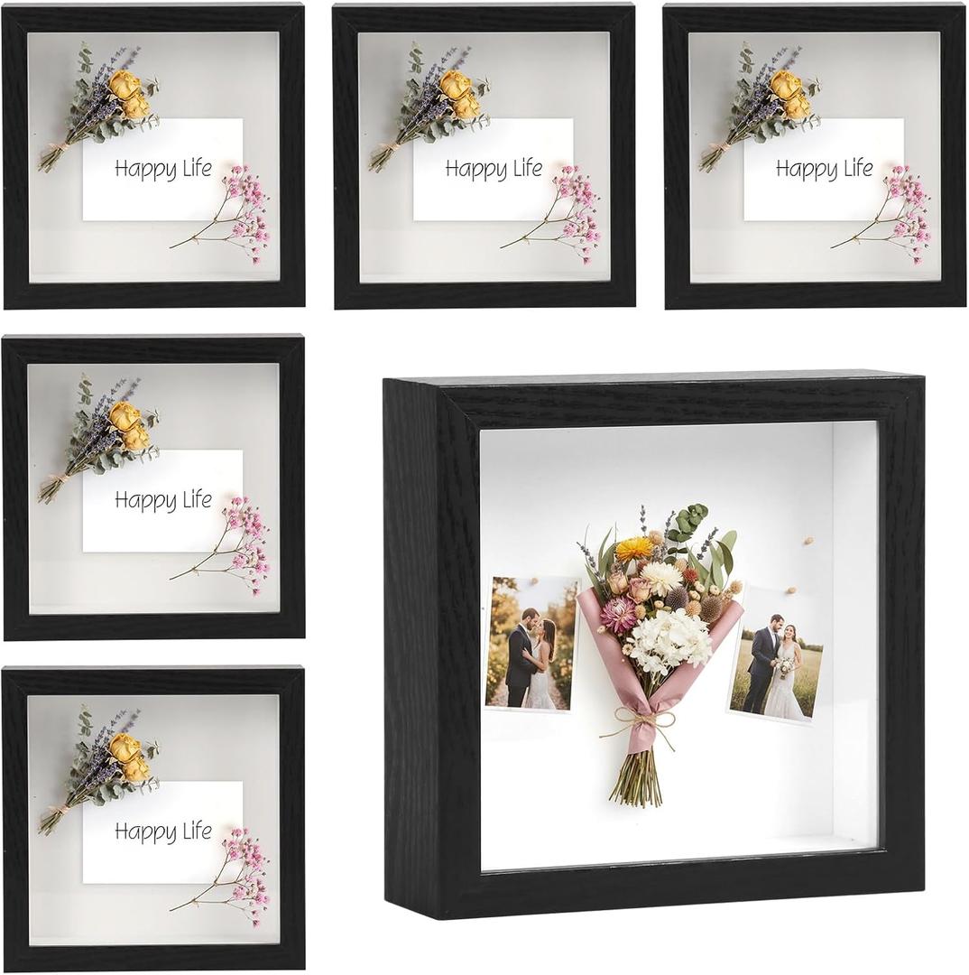 Shadow Box Frame  8"x8" Square Frame Display Case, Square Display Case for Wall Mountable Display Box for Medals, Photos, Dried Flowers (6 Pcs /Black )