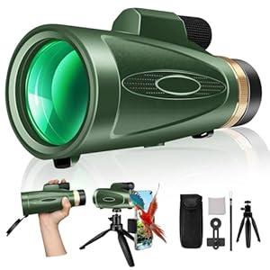 Monocular Telescope 80x100 High Power with Smartphone Adapter Tripod, Wide Field Monoculars for Adults with BAK4 Prism & FMC Lens, for Bird Watching Hunting Hiking Camping Wildlife-Green