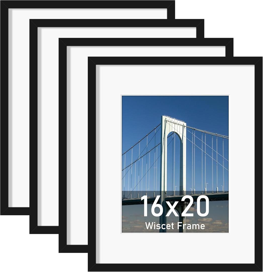 Wiscet 16x20 Picture Frame Set of 4, Display Picture 11x14 with Mat or 16x20 Poster Frame without Mat, Horizontal or Vertical Wall Mounting, Black