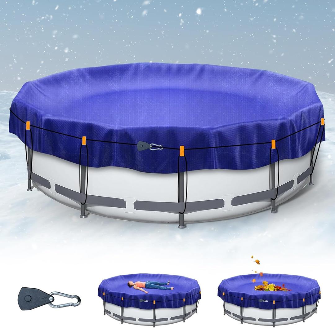 15ft Pool Covers for Above Ground Pools,Royal Blue Round Winter Pool Cover,Mesh Tarp Keeps Out Debris, Cold and Uv Resistant,Rope & Cable Included