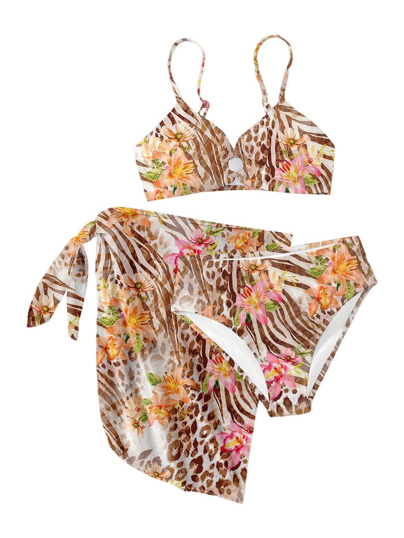 RoseSeek Girl's 3 Piece Bikini Set Floral Leopard O-Ring Swimsuit Beachwear (Brown)