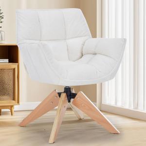 Modern Lambs Wool Accent Chair with Armrest, Sherpa Vanity Desk Chair No Wheels, Mid Century Comfy Upholstered Armchair with Wood Legs for Living Room, Bedroom, Makeup Room, Off-White