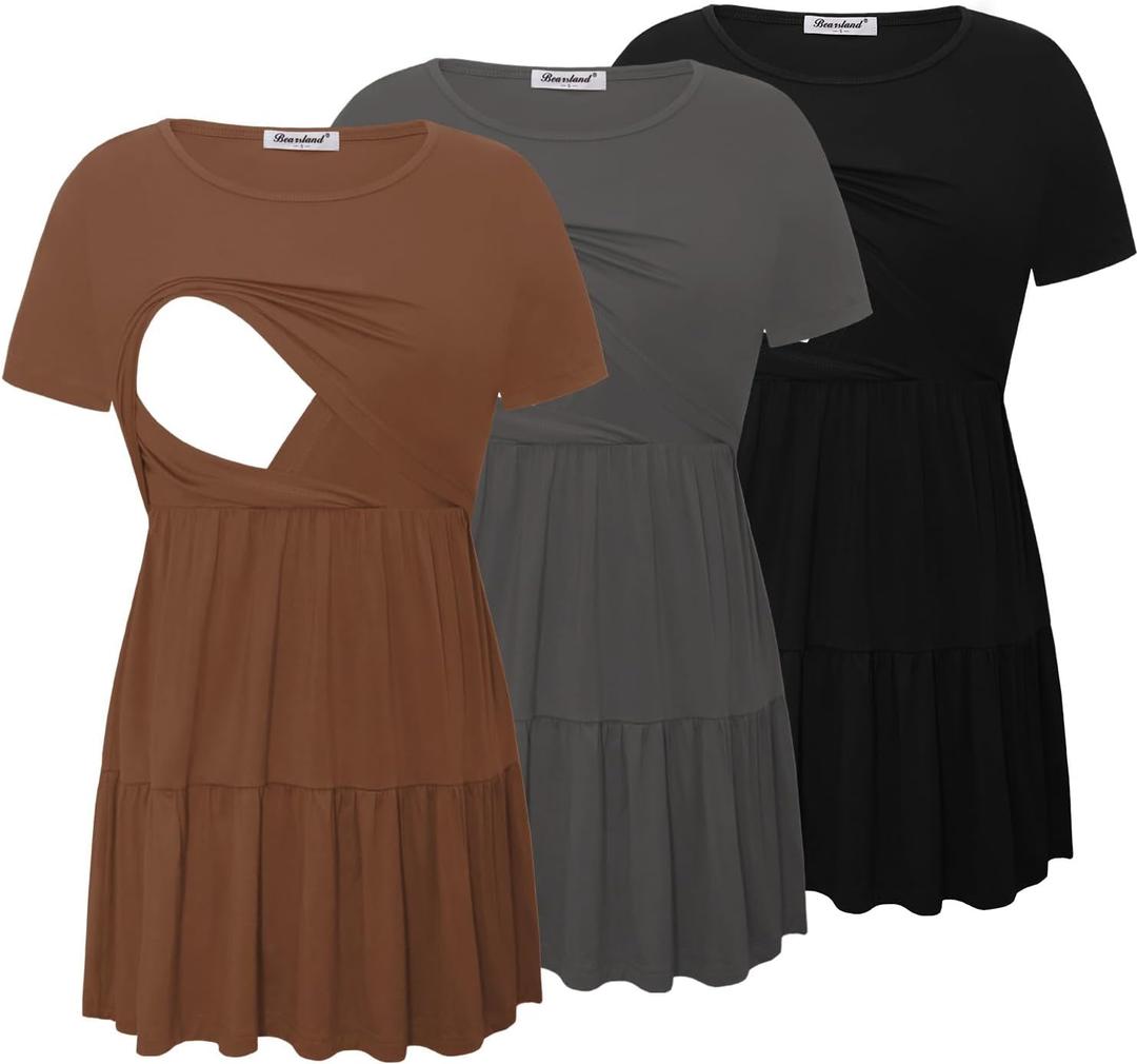 Bearsland Womens Nursing Top 3pack Short Sleeve Scoop Neck Nursing Shirt Breastfeeding Shirts (Large, Black & Iron Grey & Mocha Brown)