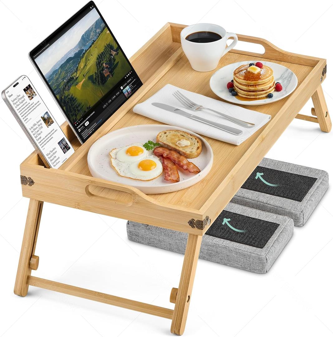 Breakfast in Bed Tray Lap Desk | Ergonomic Bamboo Bed Table Tray for Work, Rest | Comfortable Bed Desk w/Foldable Legs, Phone Holder, Cushions, Anti-Spill Edges | Adjustable Laptop Table/Lap Tray