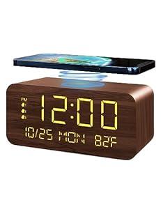 Digital Alarm Clock, with Wooden Electronic LED Time Display, 3 Alarm Settings, 10W Wireless charging, Day of the week, Temperature Detect, Wood Made Digital Clocks for Office, Bedroom, Bedside, Brown