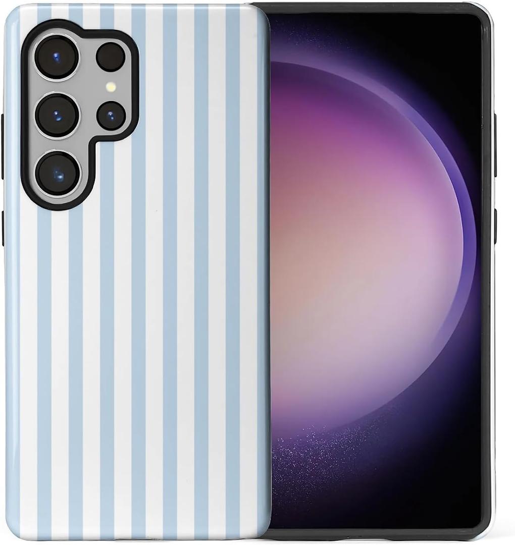 Compatible with Samsung Galaxy S25 Ultra Case,Glossy 2-in-1 Sleek All-Inclusive Dual-Layer Material Soft TPU + PC Back for Blue Stripes Geometric Pastel Summer Beach