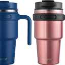 ALOUFEA 20 oz Insulated Coffee Mug Tumbler with Handle, Stainless Steel Travel Mug Tumbler with Lid and Straw,Double Wall Vacuum Leak Proof Ice Coffee Thermal Cup, Navy/Rose Gold